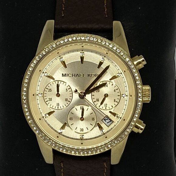 Michael Kors Ritz MK6328 Women Brown Leather Gold Analog Dial Quartz Watch Y214 - Picture 2 of 12